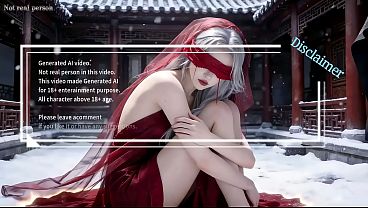 A Chinese classical beauty with skin as white as snow, dressed in red and with white hair. Blowjob, cum, first episode, AI-generated
